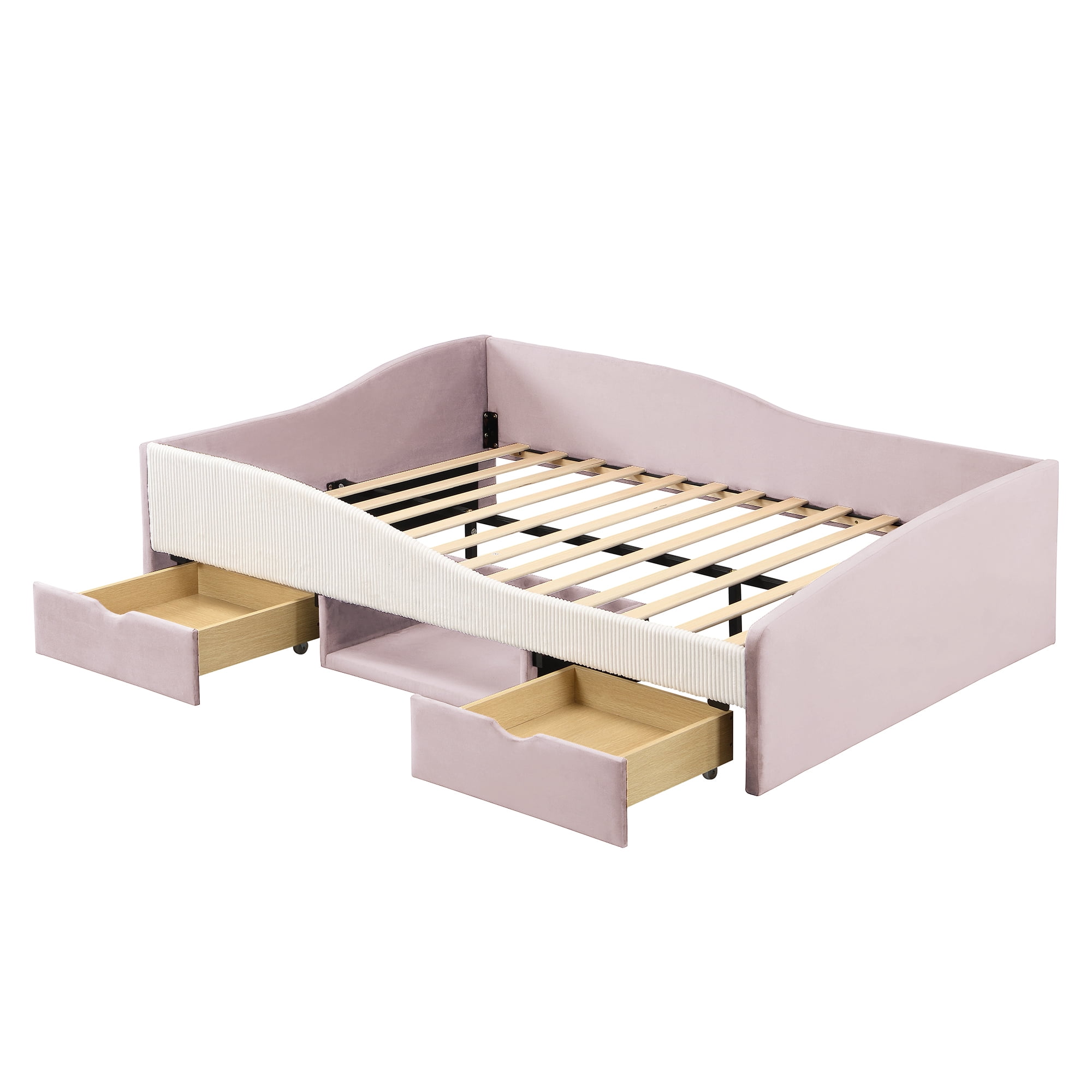 Aukfa Full Size Upholstered Daybed with 2 Storage Drawers, Shelf and Curved Guardrails, Velvet Bed Frame, Pink