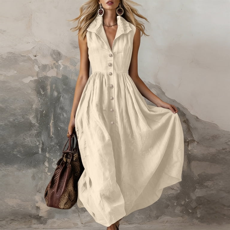 solid boho maxi dress Uscallm Womens Plus Size Sleeveless Button Down Collared Flowy Casual Beach Vacation Long Dresses, Blue 2XL Wedding Shower Fashion Tips _tab_return-info Color:Royal Blue as pic Ladies casual and fashionable