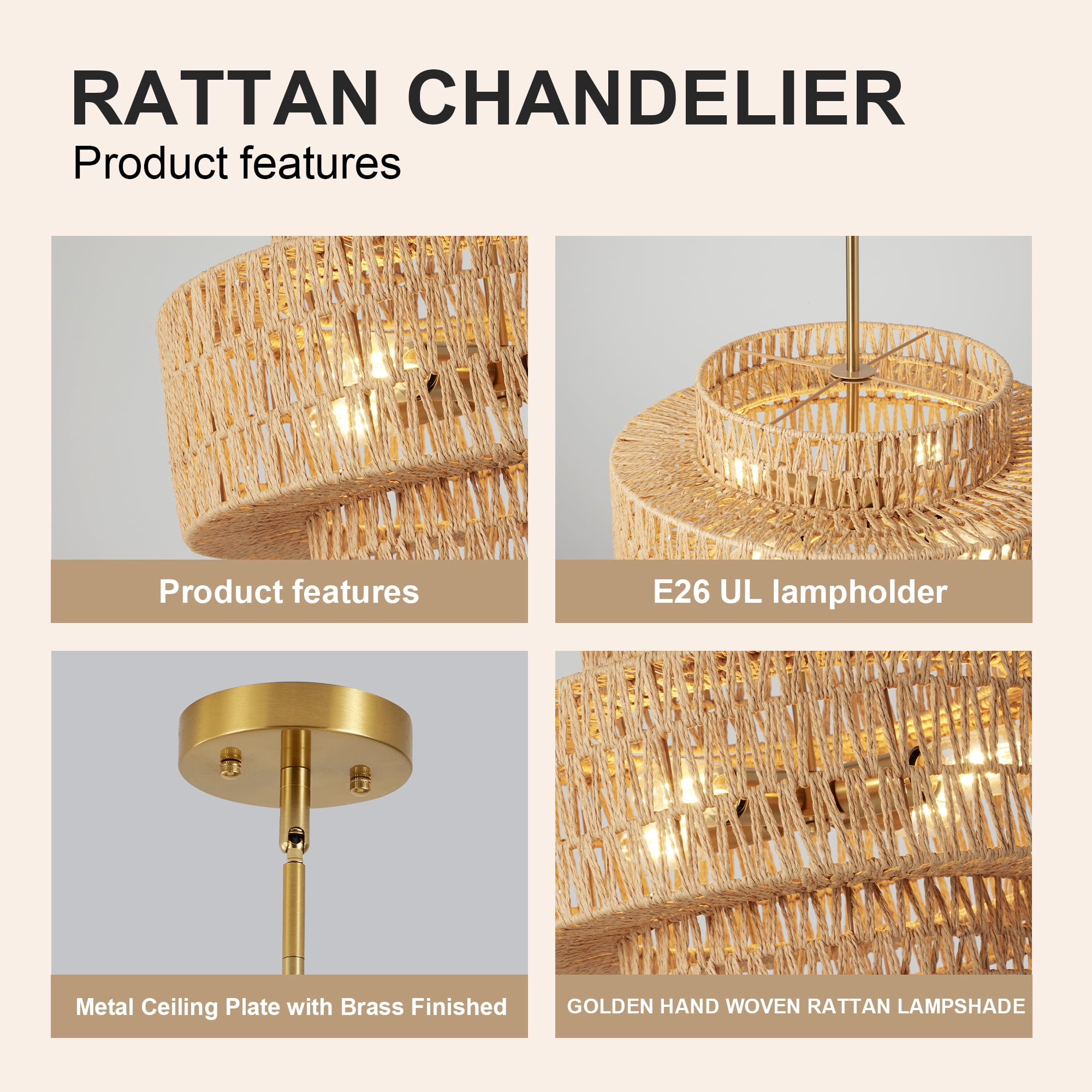 Leumius 17.7" Boho Rattan Chandelier, 4-Light Hand Woven Wicker Pendant Light Fixture, Farmhouse Rustic Hanging Chandelier for Dining Room, Kitchen Island, Living, Bedroom
