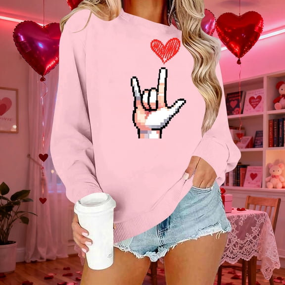 GUZOM Womens Pink Valentine's Day Sweatshirt, Oversized Off-The-Shoulder with Pixel Rock On Hand Heart Print,Size 2XL