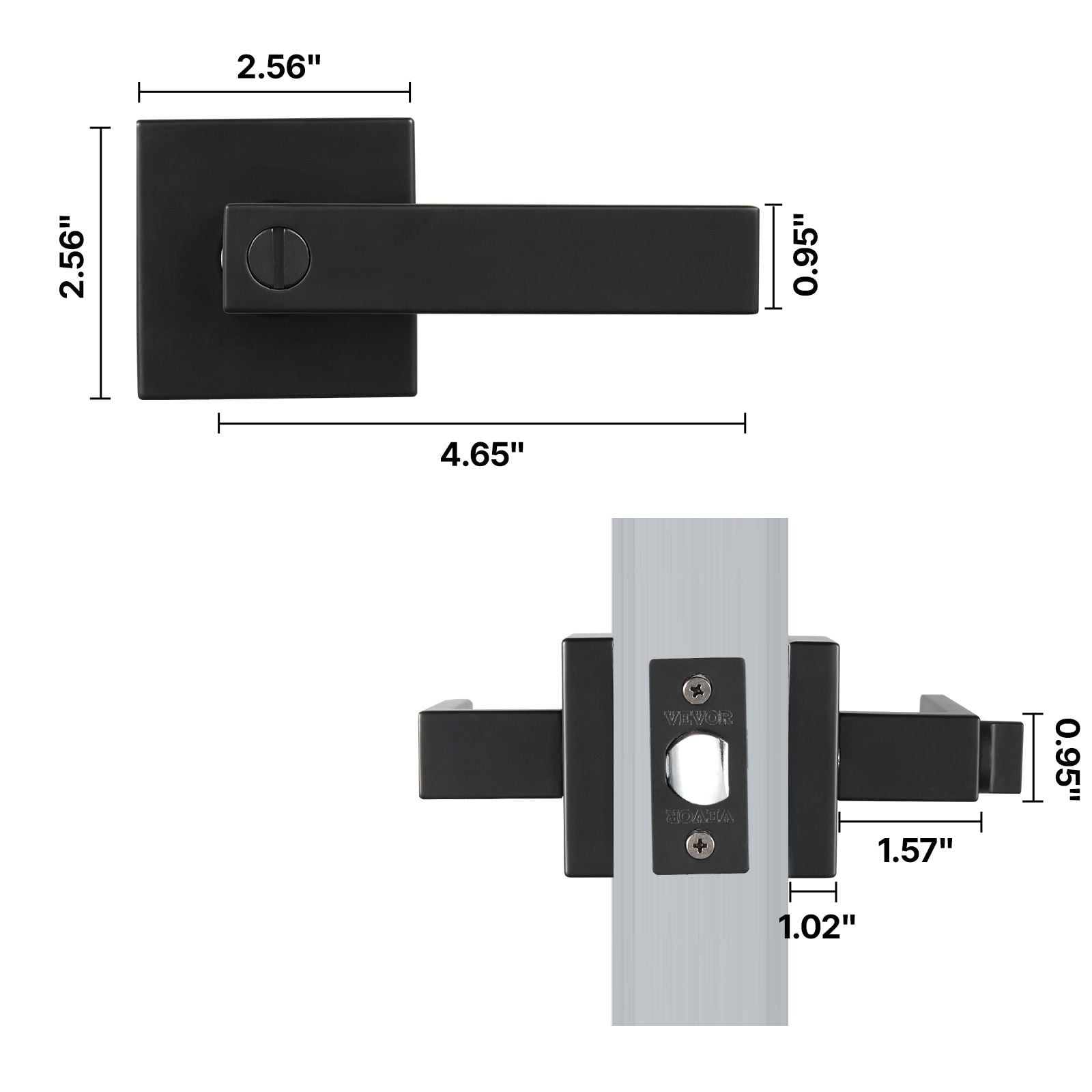 Privacy Door Handle, Universal Reversible Design, 45° Rotation Lever, 2-3/8" or 2-3/4" Adjustable Latch, Fits 1-3/8" to 1-3/4" Doors, Matte Black Finish