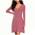 thumbnail image 2 of BRGZLK Womens Long Sleeve Dress Ribbed Knit V Neck Long Sleeve Dresses A Line Wrap Dress Fall Business Casual Solid Dress Outfits Hot Pink M, 2 of 5