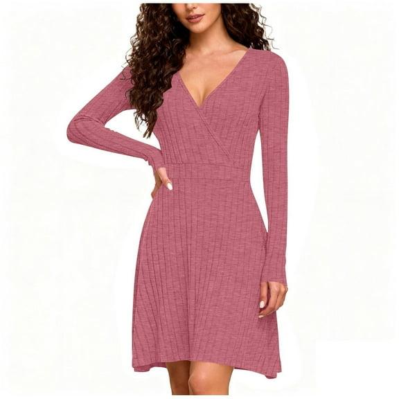 Winter Dresses for Women Solid Color V Neck Knit Dress A line Long Sleeve Dress Bodycon Midi Dress