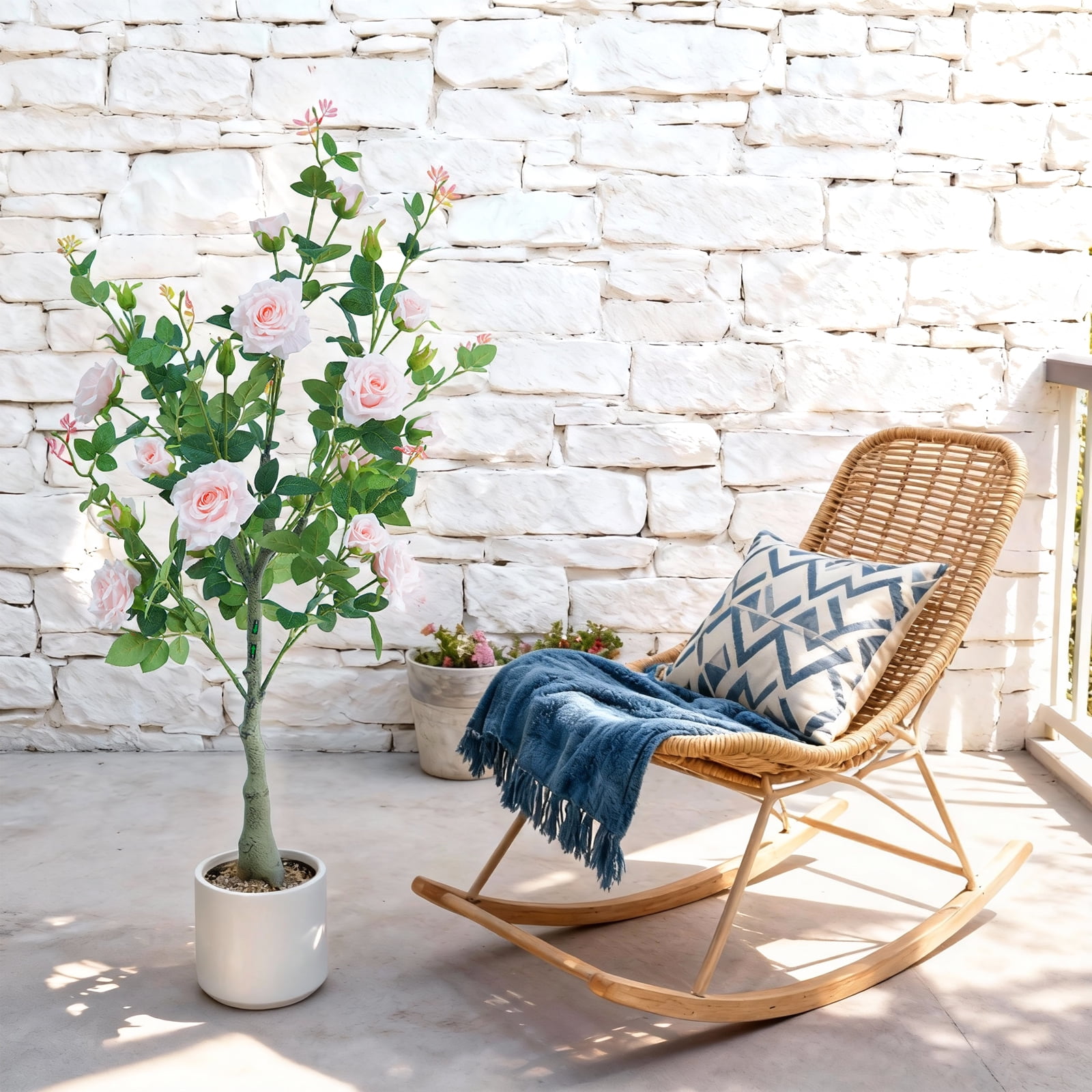 Lifelike & UV Resistant Artificial Rose Tree – 120cm Faux Plant with Silk Flowers & Plastic Leaves, White Pot, Easy Maintenance, Nordic Home/Office Décor