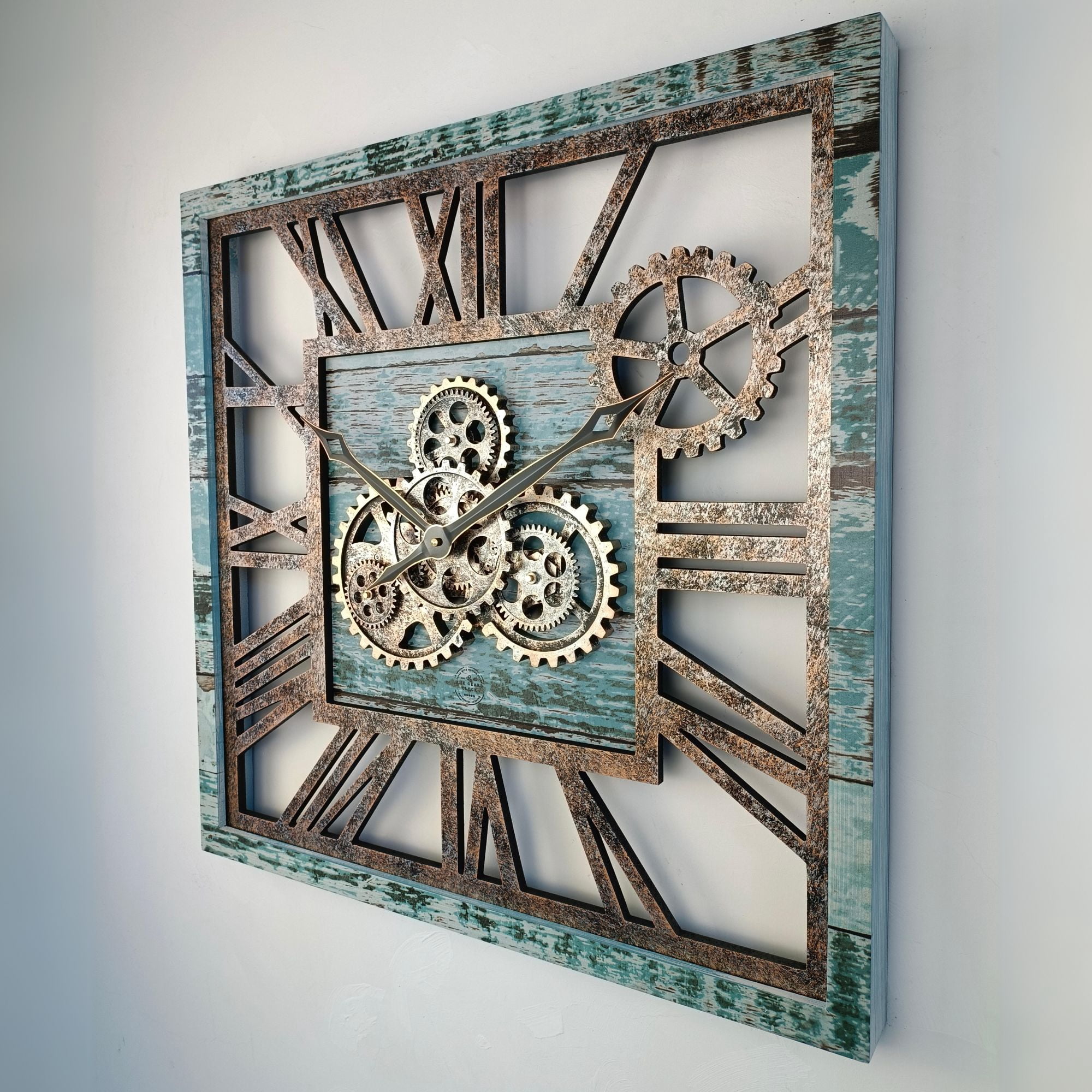THE GEARS CLOCK Wall Clock with Real Moving Gears AM-LI_ 24 in Square Aqua-Green