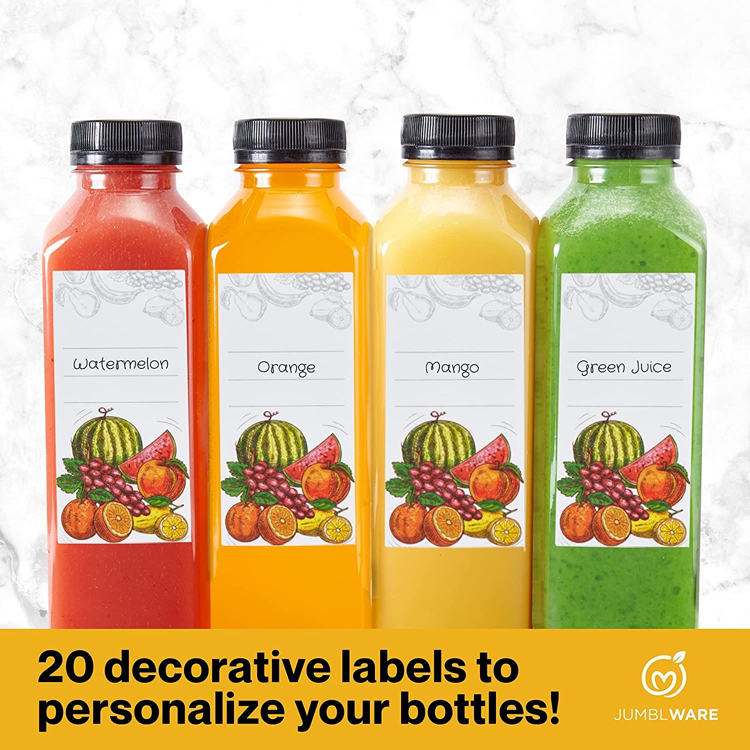 JumblWare Refillable Plastic Juice Bottles with Caps 16 fl oz, Pack of 20