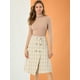thumbnail image 3 of Falda de cintura alta a media pierna delantera con botones envolventes de imitación vintage a cuadros para mujer Beige S, 3 of 6