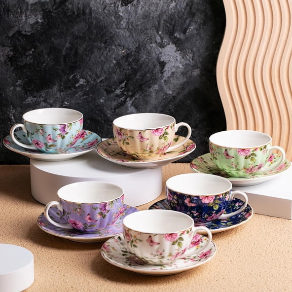 BTaT - Floral Tea Cups and Saucers Set of 6 (7 oz), Porcelain Tea Cups Set of 6, Modern Midnight Floral Design with Gold Trim, Dishwasher & Freezer Safe