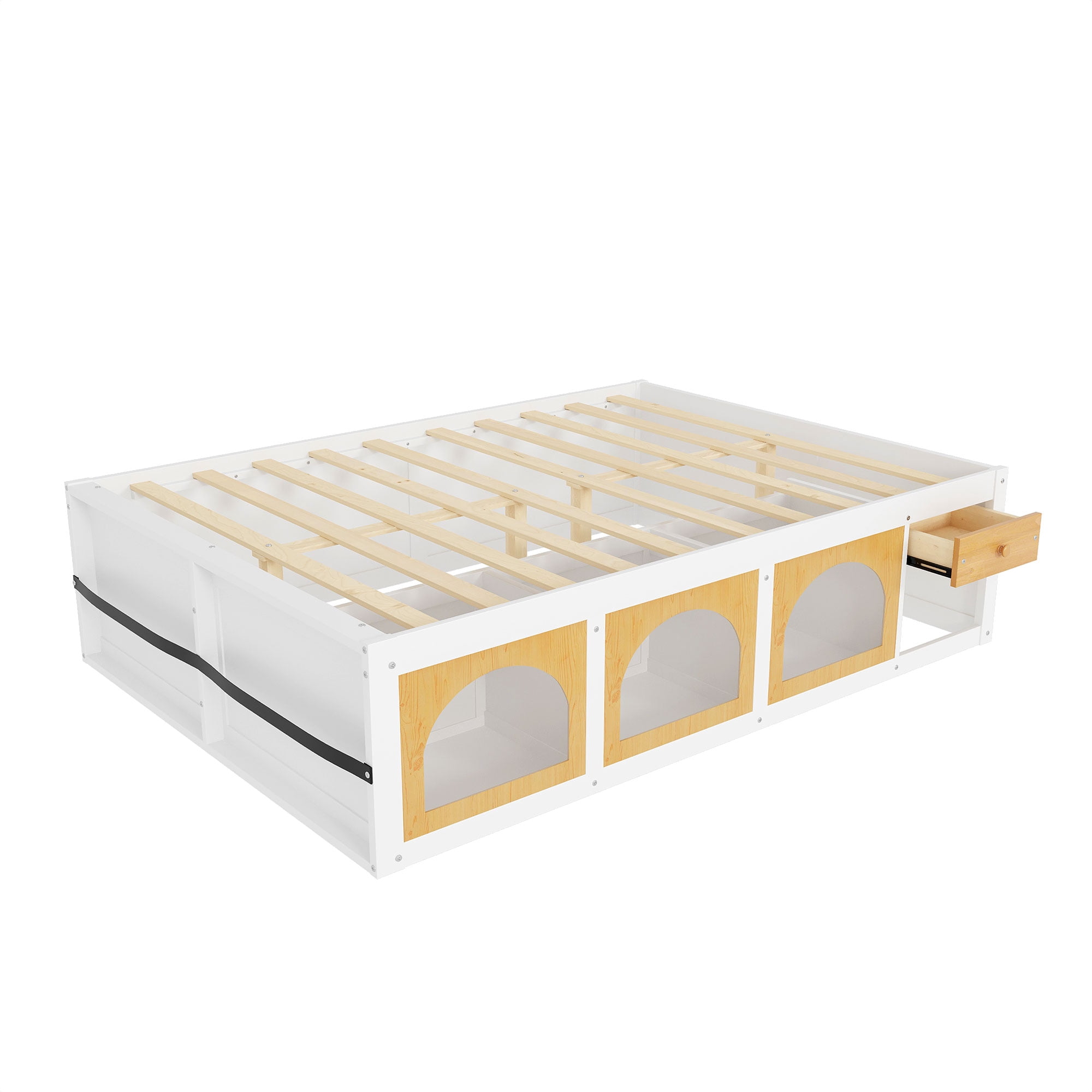 Mintazer Modern Queen Size Bed with Bookshelf and 3 Open Cubbies & Drawer, Platform Bed Frame with LED Light for Kids Bedroom, Natural & White