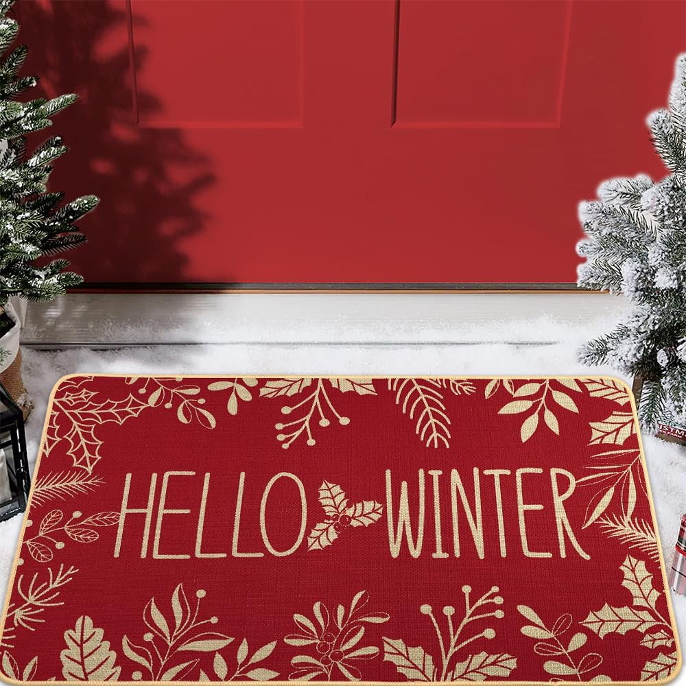 Hello Winter Door Mat Welcome Doormat, Winter Christmas Red Outdoor Rug Leaves Decor Floor Front Door Mat Non-Slip Entrance Mat for Home Kitchen Bathroom Decorations 17 X 30 Inch