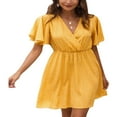 thumbnail image 4 of Femmes Casual Mousseline Mini Robe Manches Courtes Point Imprimé V Cou Taille Haute une Robe de Ligne d'Été Robe de Plage, 4 of 6