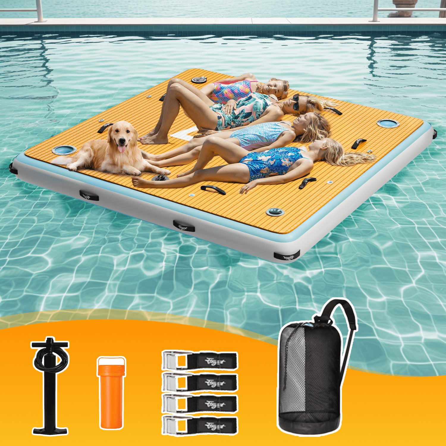 Inflatable Floating Dock | 7x7ft Inflatable Floating Island | Built-in Cup Holders & Action Camera Mounts | 12mm EVA Non-Slip Foam Deck | Inflatable Patio Dock for Lakes, Pools, Boats |