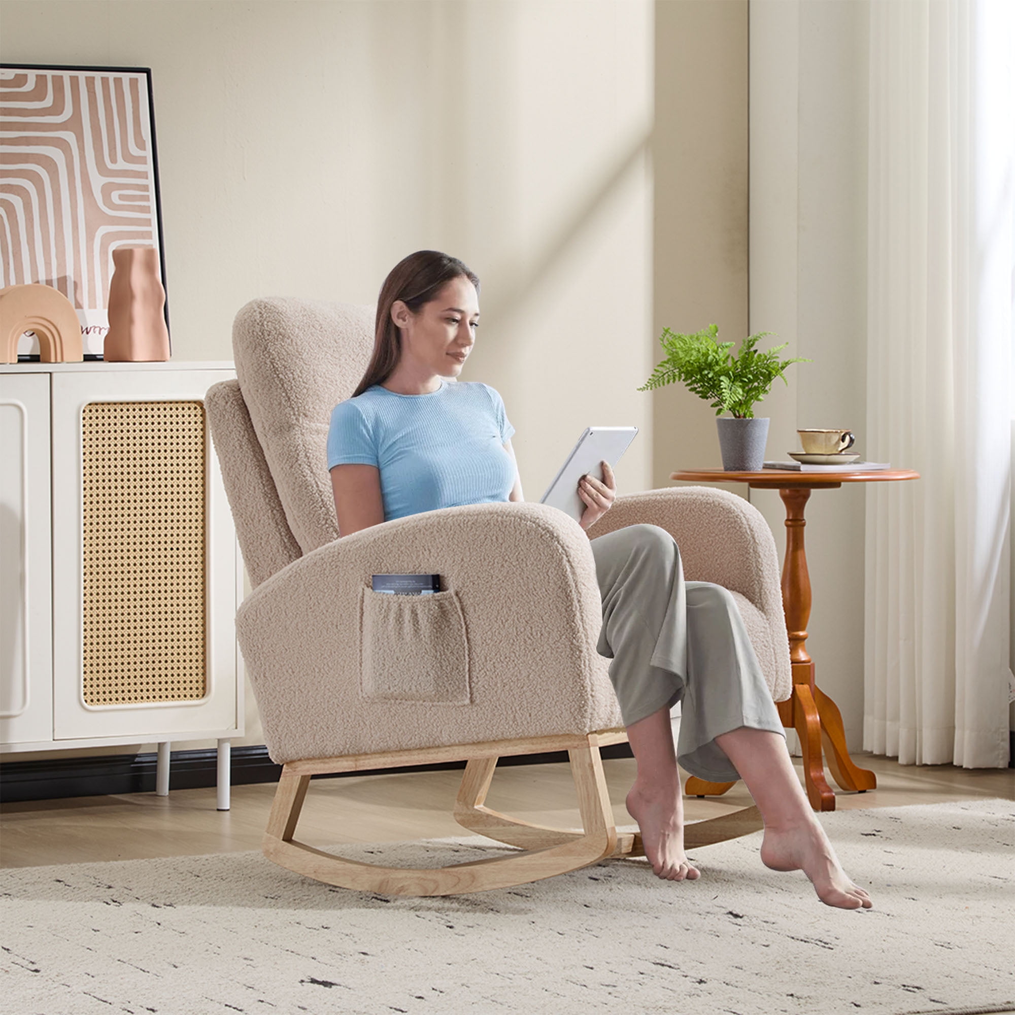 Modern Rocking Chair with High Back & Side Pocket, Nursery Glider Upholstered Armchair, 300 lbs Capacity
