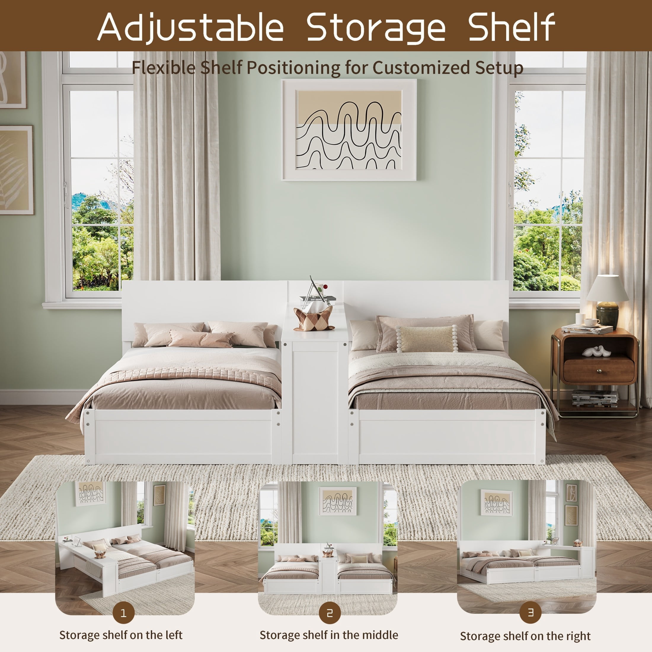 Noble House Girel Twin Platform Bed Frame Set for 2 Kids with Adjustable Storage Desk, Space-Saving Design, White
