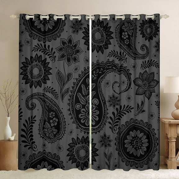 Manfei Bohemian Paisley Black Out Curtains, Hippie Mandala Curtains Pack of 2 (42x63 Each), Black Gray Bedroom Curtains, Luxury Bedroom Decor
