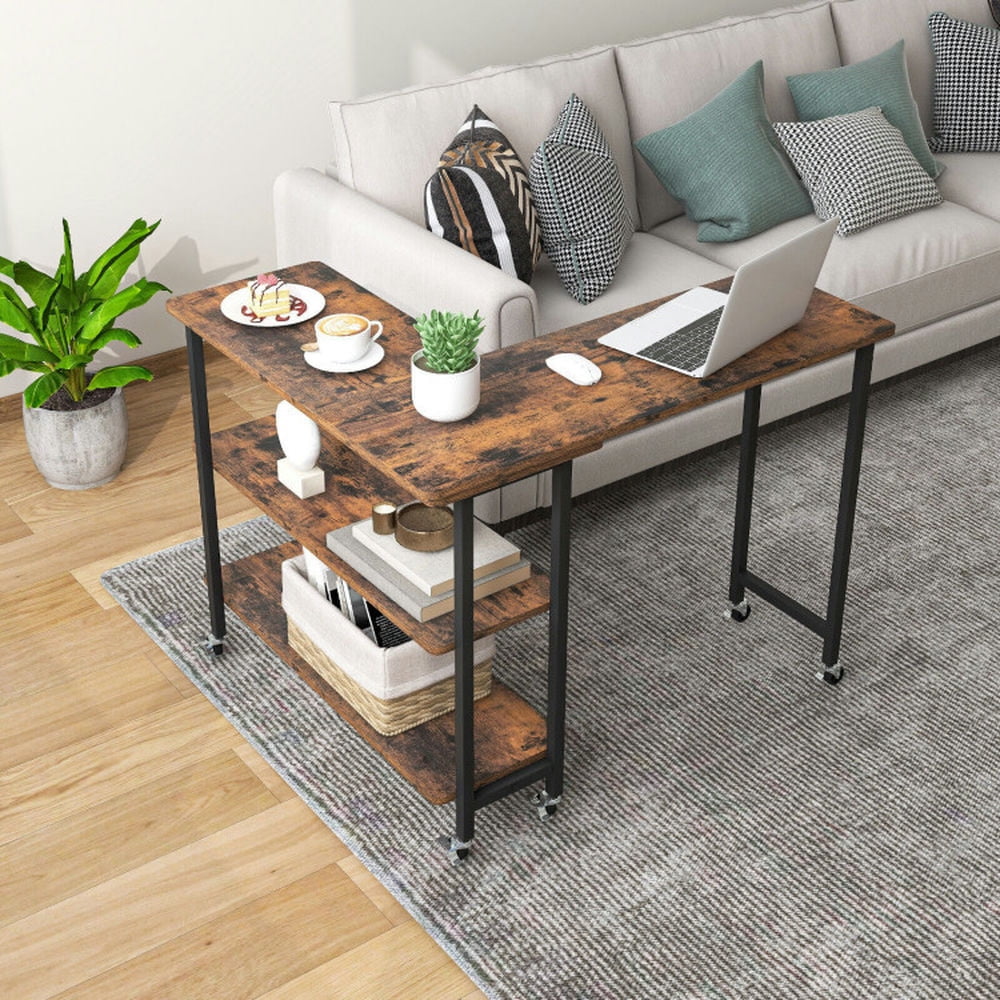 Demi Bonn 360° Rotating Computer Desk with 2-Tier Storage Shelves, Small Home Office Desk Study Writing Table, Rustic Brown