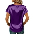thumbnail image 3 of Satin Blouse for Women Business Casual Outfit Short Sleeve Solid Color Tops Crewneck Tshirt Silk Shirt Summer Clothes Purple M, 3 of 5