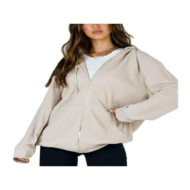 Autumn Womens Casual Zip Up Hoodie Long Sleeve Solid Color Drawstring Sweatshirts with Pockets Khaki M
