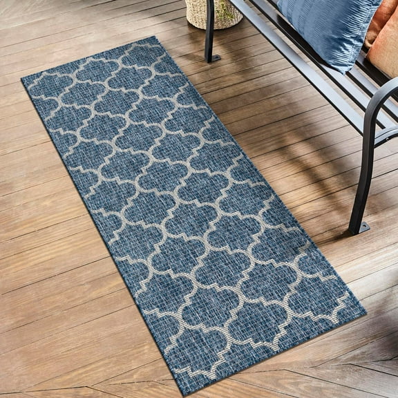 Unique Loom Outdoor Trellis Collection Area Rug (2' x 8' Runner Navy Blue/Ivory)