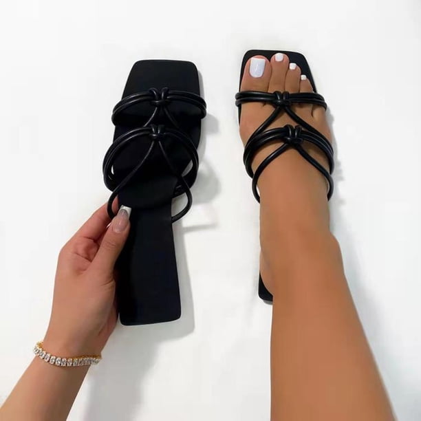 Pantuflas frescas de playa de fondo plano con punta abierta tejida para ropa de vacaciones de ocio para mujer Wmkox8yii ytu2832
