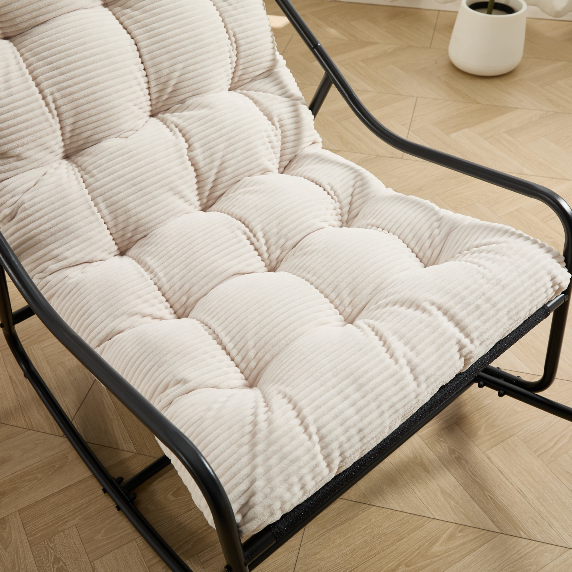 Outdoor Rocking Chair with Cushion, Patio Comfy Rocker with Thick Padding, Modern Sling Chair for Porch, Garden, Reading Nook, Black/White