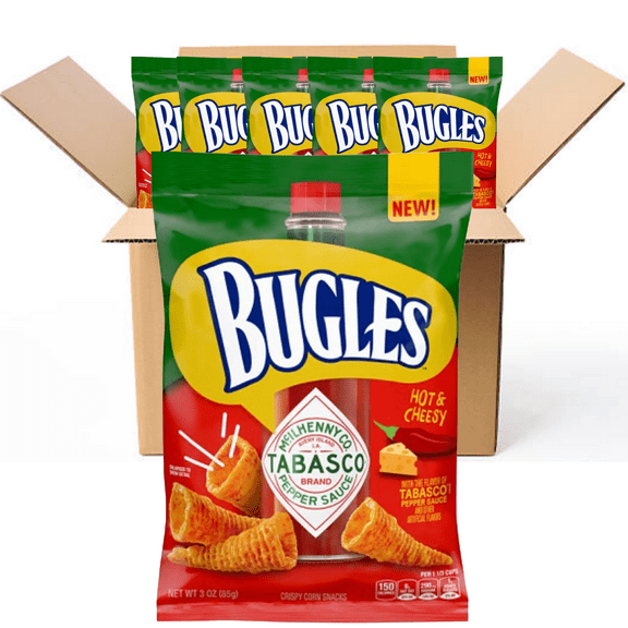 Bugles Crispy Corn Snacks TABASCO 3 Oz. Bags (Pack of 6 BOXED)