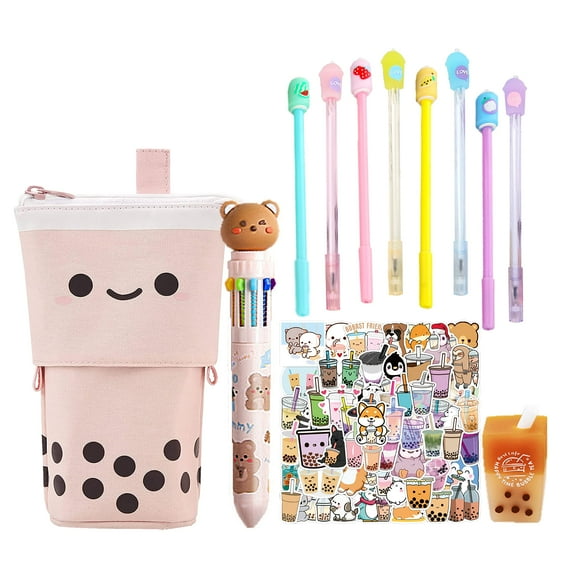 Primo Lines Cute and Complete 61-Piece Pink Kawaii Stationary Set with Pop Up Boba Pencil Case, 8 Kawaii Pens, 50 Bubble Tea Stickers, and Kawaii Multi Color Pen In One