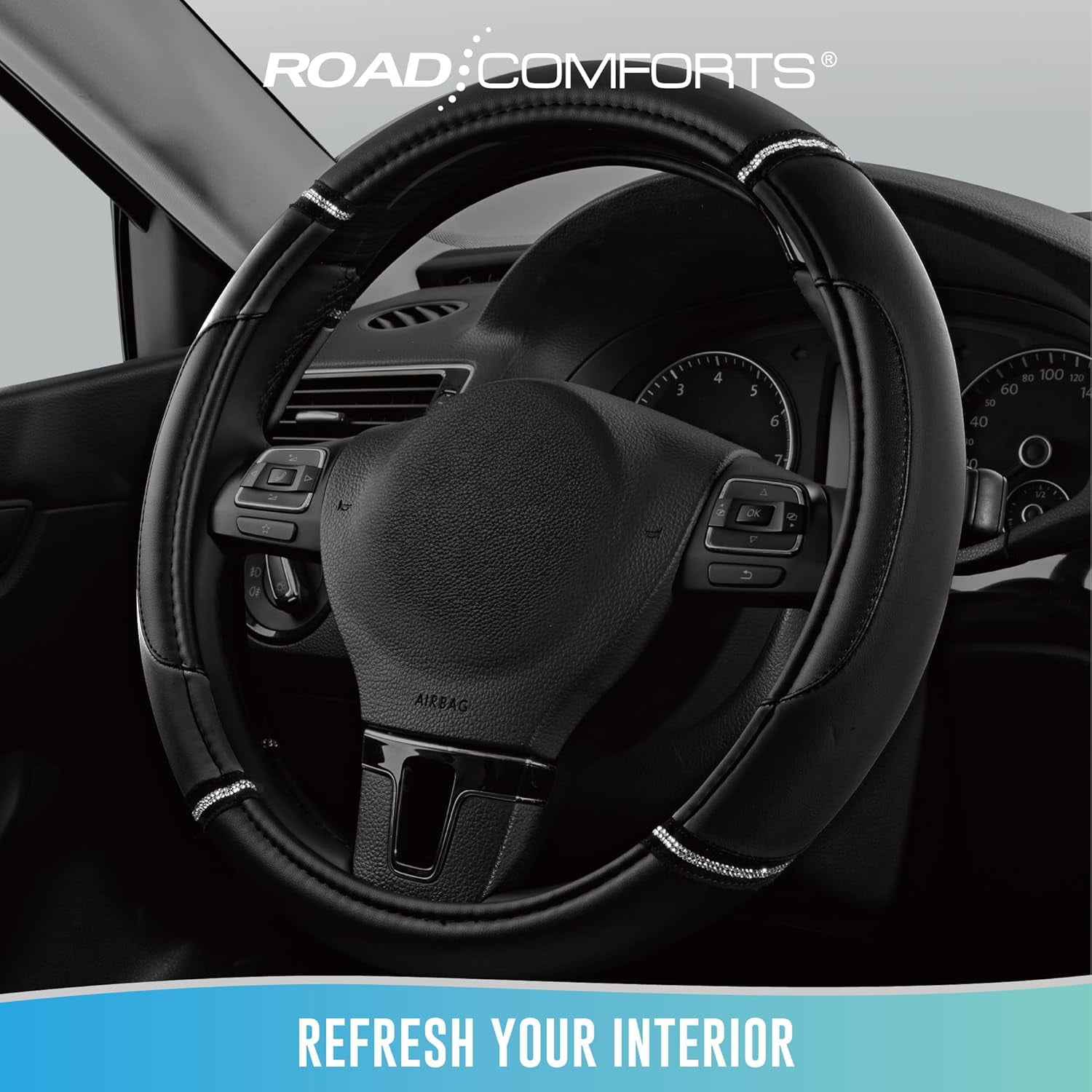 Leather Steering Wheel Cover - Made with PVC Leather - Anti-Slip, Universal Fit 14 1/2 inches to 15 inches - Black