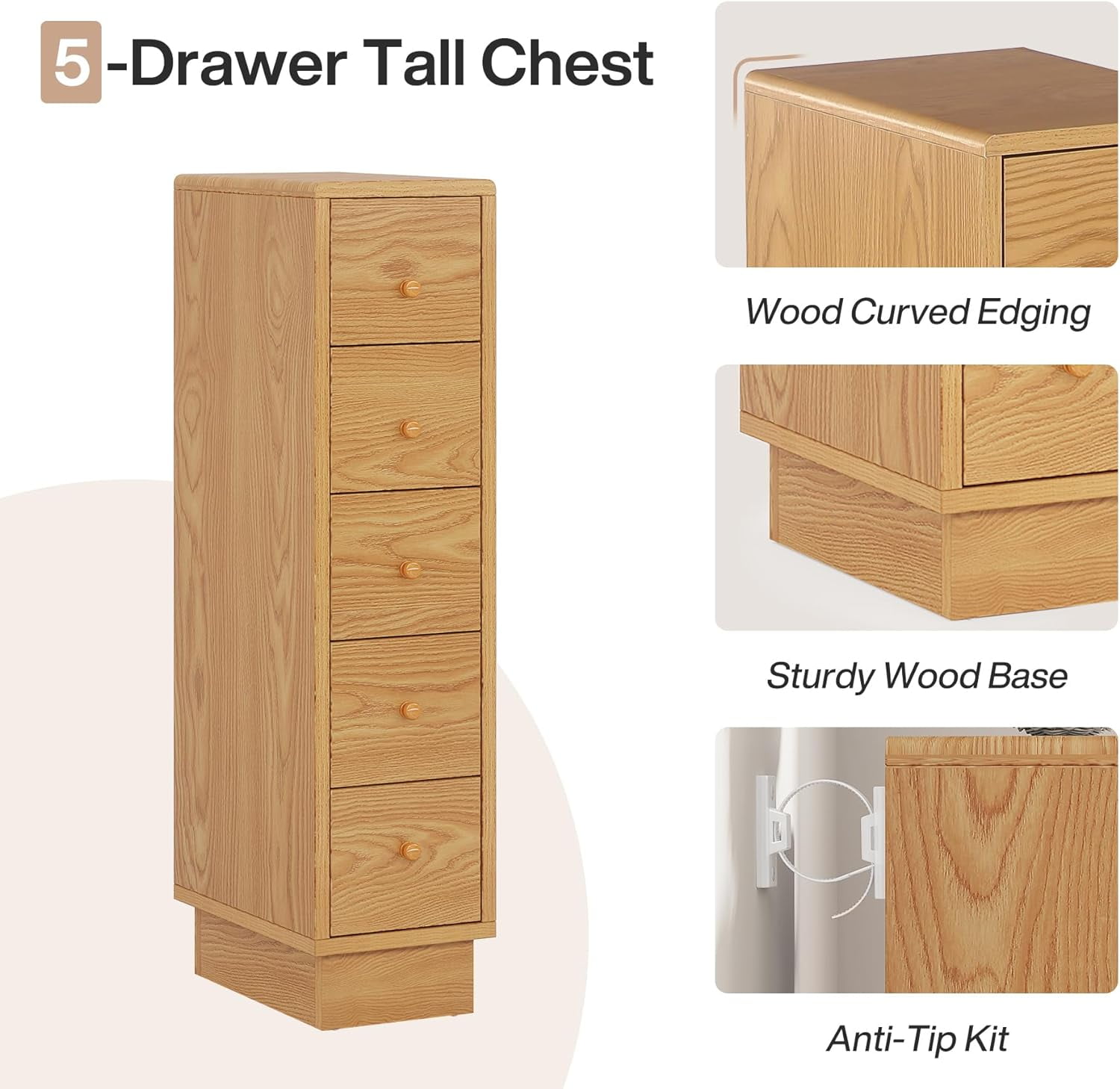 Tribesigns 5-Drawer Dresser, Wood Narrow Dresser for Small Spaces