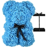 DAMAIE Bear in Pink - teddy bear with rose on each bear - perfect for birthday or mother - Clear gift box included 10 inch, Blue