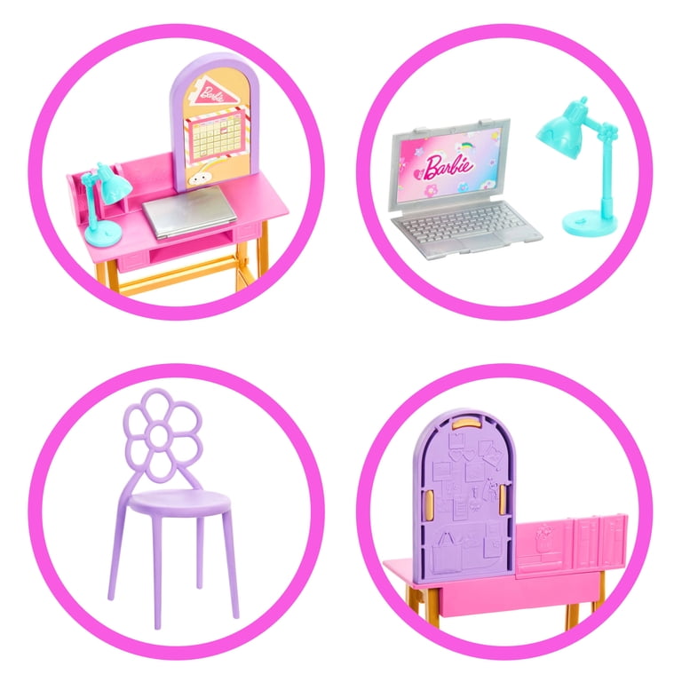 Barbie World Desk Playset with 4 Pieces for Study Time, Furniture