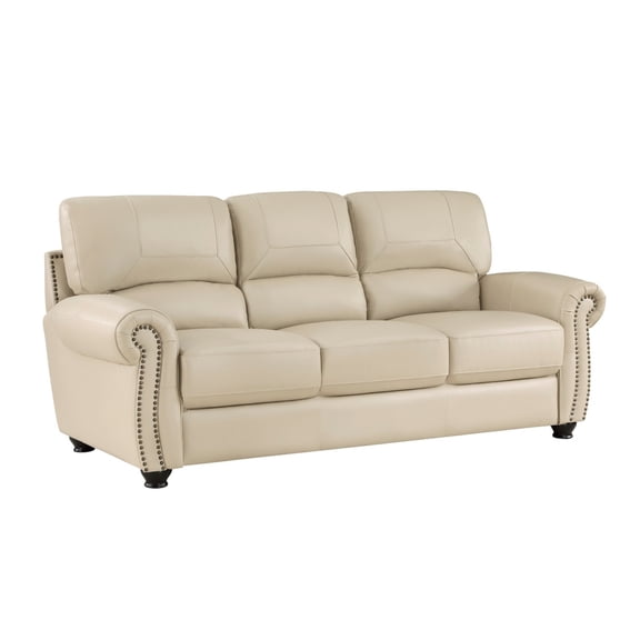 84 Inch Sofa, Cream Top Grain and Faux Leather, Brown Solid Wood