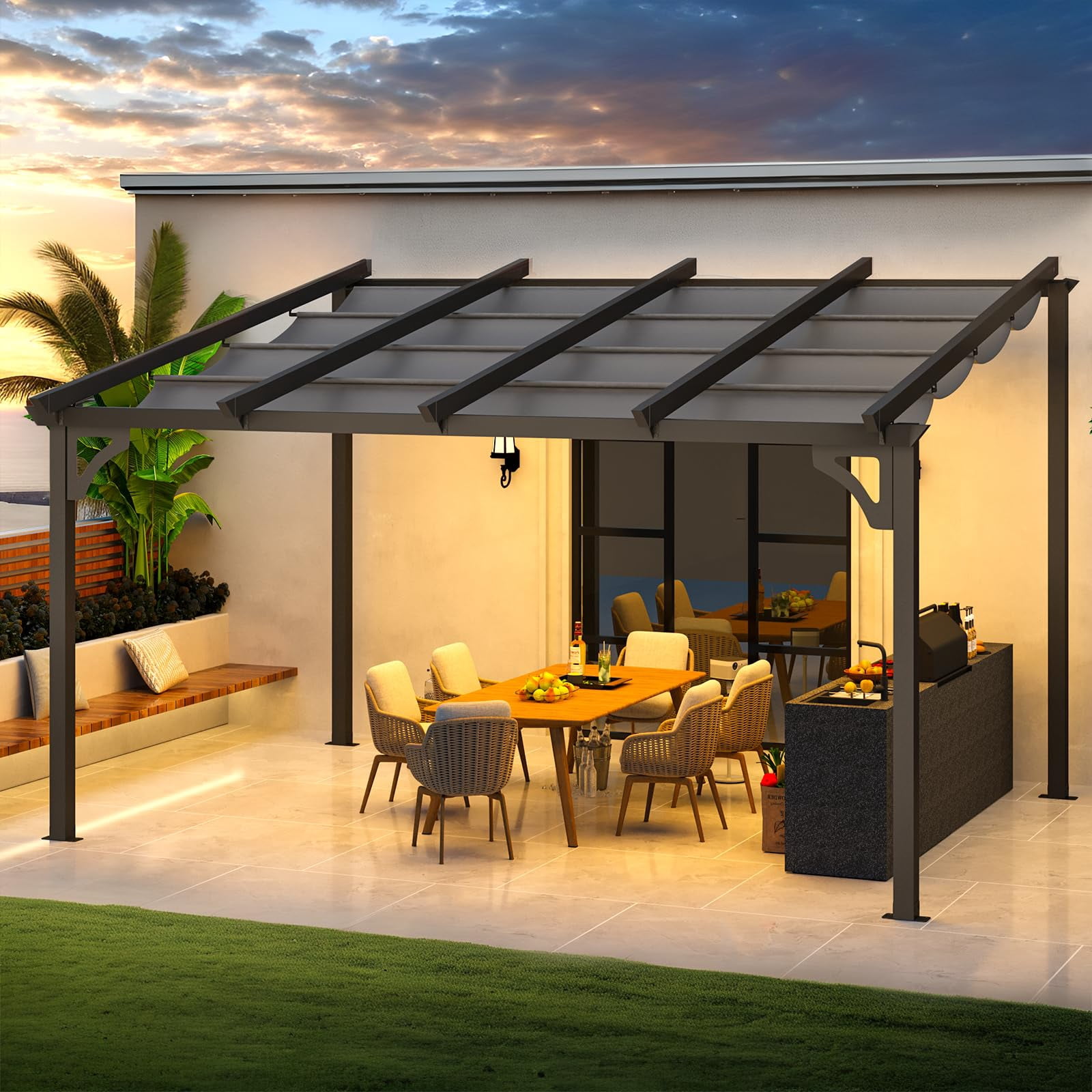 YODOLLA 14' x 10' Outdoor Lean to Gazebo, Retractable Pergola with Adjustable Sun Shade Canopy Roof, Aluminum Awnings ​for Garden, Patio, Backyard, Dark ​Gray