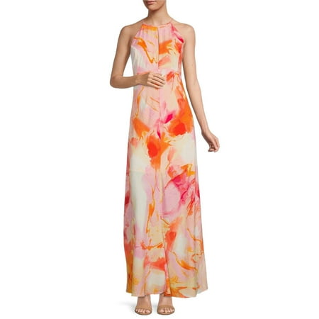 Laundry Halter Neck Sleeveless Tie Dye Print Zipper Back Linen Dress-ABSTRACT AURORA / 14