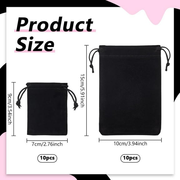 20Pcs Black Velvet Drawstring Bags 2 Sizes Thick Jewelry Pouches Candy Gift Pouches for Wedding Festival Ornaments Birthday Party Keys Pocket Money and Jewelry Items Packaging