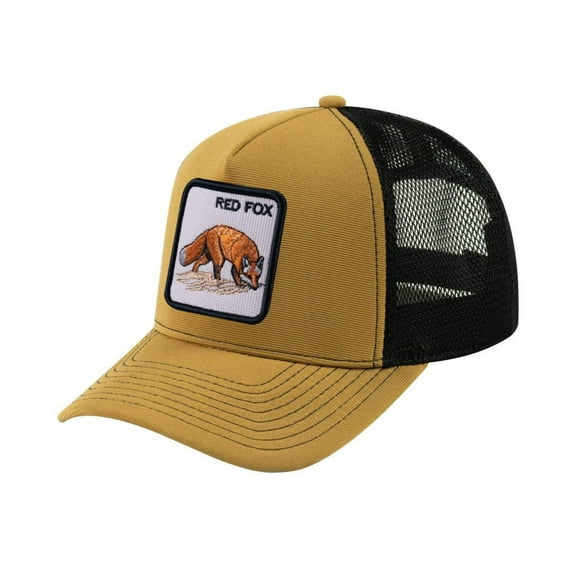 Unisex V2 Embroidered The Red Fox, 5-Panel Trucker Hat, Light Brown/Black, Adjustable Fit