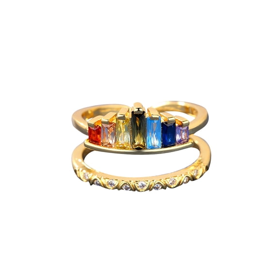 Guodhu Eternity Rainbow Ring Silver Gold Plated Multi Color Created-Gemstone Rainbow Ring, Stackable Ring, Cubic Zirconia for Women Adjustable Open RingsWedding Band for Women, Gift for Her