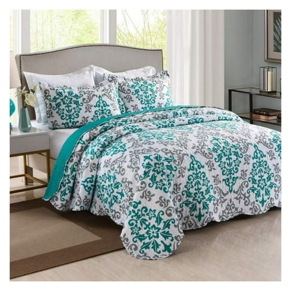 3 Piece Quilted Bedspread, Printed Quilt, Quilt Set Bedding Throw Blanket Coverlet Oversize Lightweight Bedspread Ensemble, Turquoise Teal, King Size, Katrina Blue