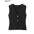thumbnail image 4 of Zevity-para mujer, cárdigan sin mangas con cuello en V, chaleco de punto con botones dorados, suéter elegante de un solo pecho, Tops SW6250, 4 of 5