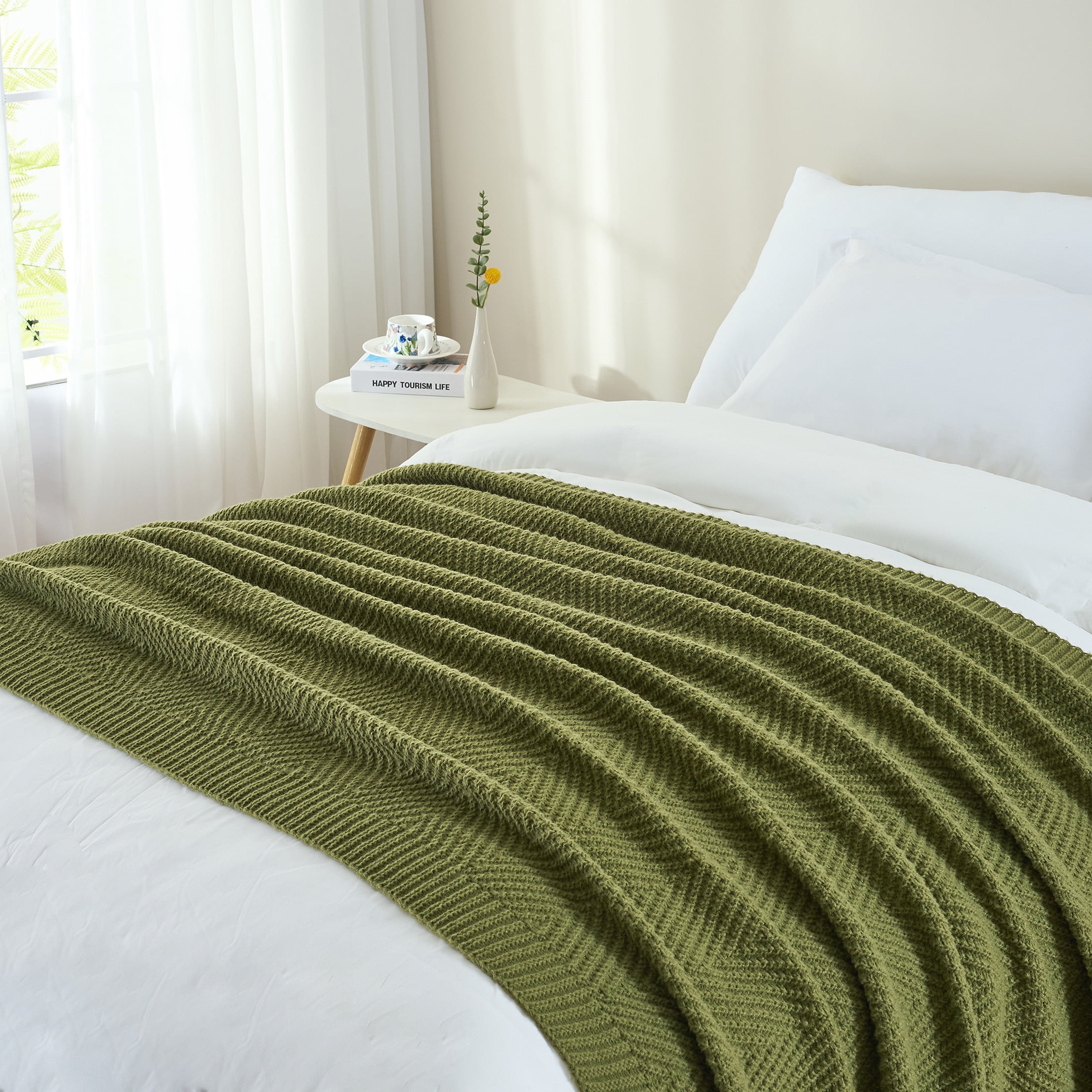 LONG CREATE Soft Knitted Throw Blanket 50" x 60" Olive Green, Boho Chevron Farmhouse Throw for Bed Couch