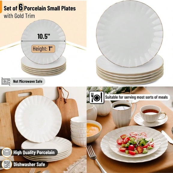 BTaT- Porcelain Dinner Plates with Gold Trim10.5 inch Set of 6 White Dinner Plates Bulk White Plate Set Christmas Gifts