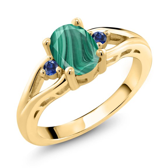 Gem Stone King 18K Yellow Gold Plated Silver Green Malachite and Blue Created Sapphire 3 Stone Engagement Ring for Women | 2.09 Cttw | Oval 8X6MM | Round 2MM | Gemstone Birthstone | Size 8