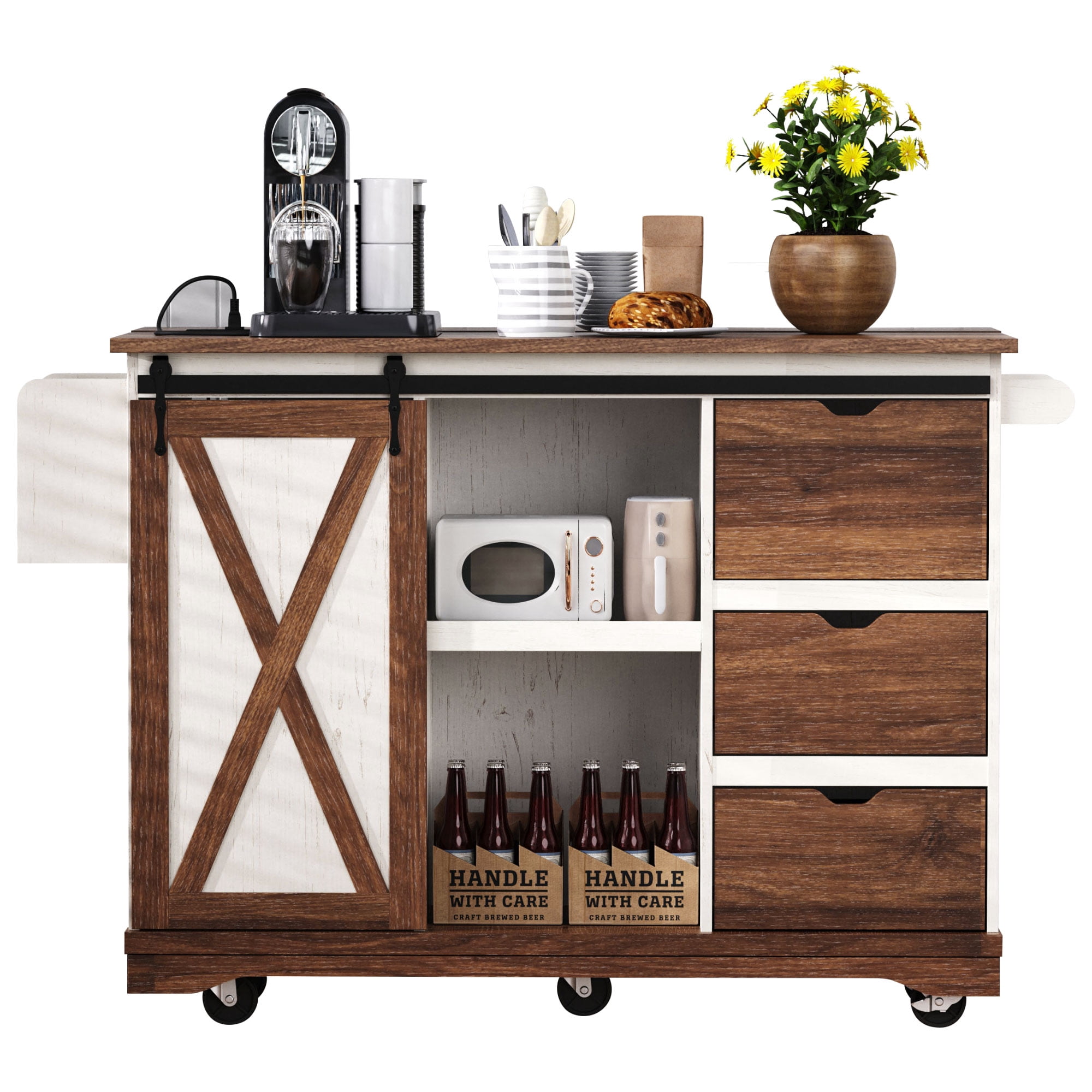 Homy Casa 55.5" Farmhouse Kitchen Island with Drop Leaf, Power Outlets, 3 Drawers, Shelves & Spice Rack