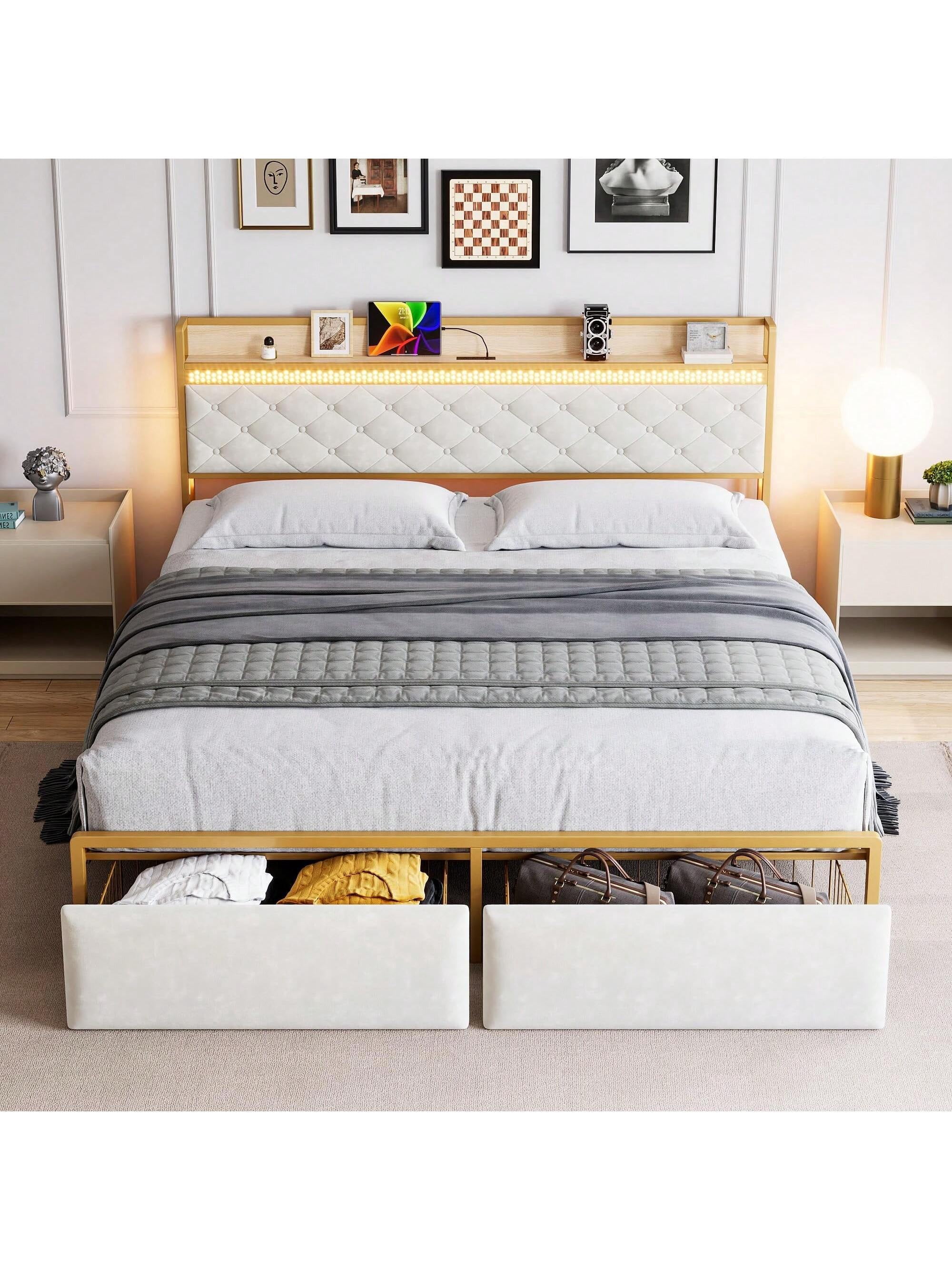 White King size bed King Size Bed Frame, Platform Bed Frame With RGB LED Lights And 2 Storage Drawers Headboard, Upholstered Bed Frame With USB Ports & Outlets And Storage Headboard, Noise Free, Whi