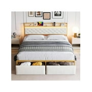 White King size bed King Size Bed Frame, Platform Bed Frame With RGB LED Lights And 2 Storage Drawers Headboard, Upholstered Bed Frame With USB Ports & Outlets And Storage Headboard, Noise Free, Whi