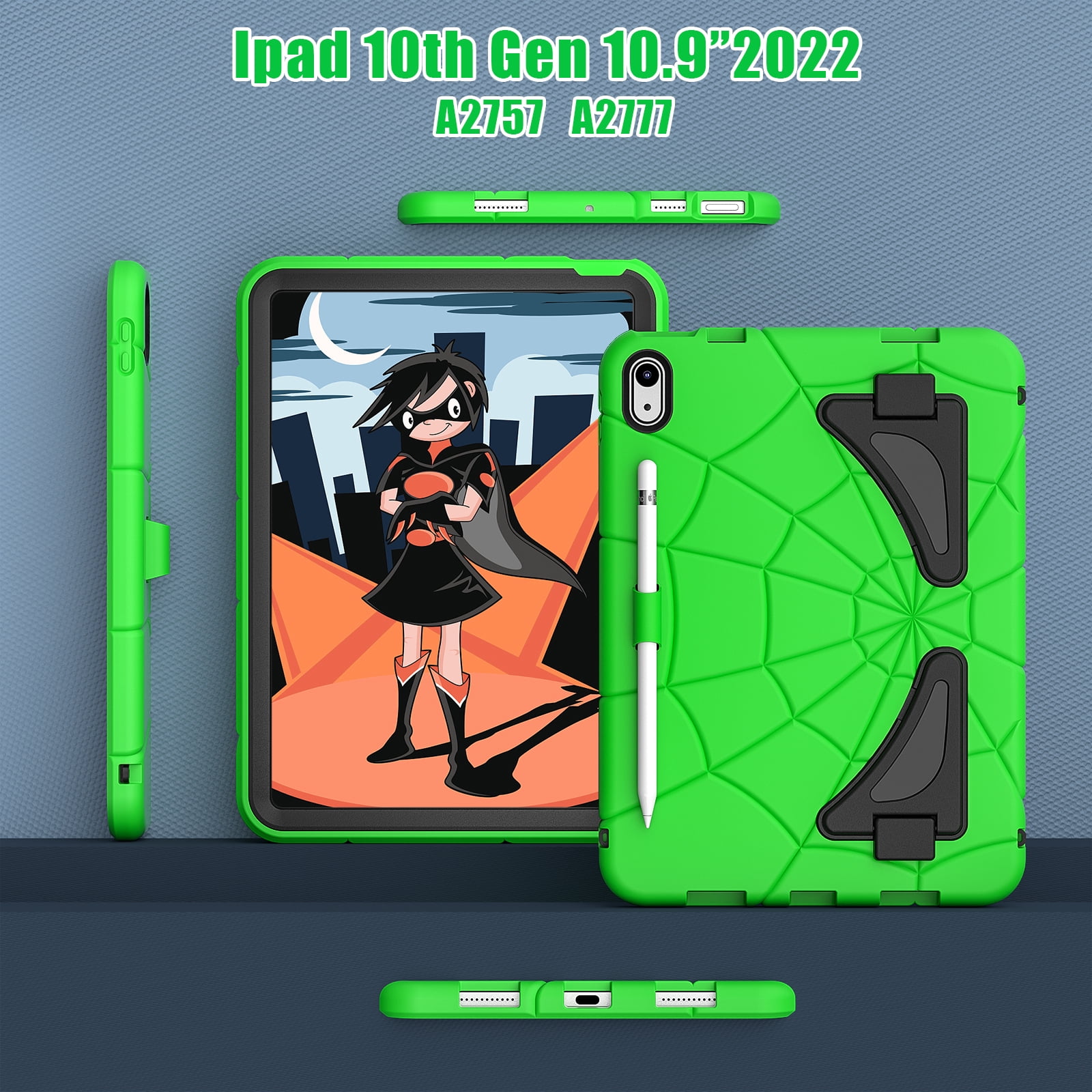 Kids Cases for iPad 10th Generation 2022,TECH CIRCLE Heavy Duty Shockproof Rugged Full Body Protective Sturdy Kickstands iPad 10.9 inch case with Pencil Holder for Kids Children Boys,Green+Black