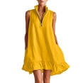 thumbnail image 2 of Yteetum Dresses for Women Summer Sleeveless Half Zipper Ruffle Hem Mini Dress Casual Solid V Neck Loose Lightweight Comfy Boho Ruffled Hem Travel Vacation Dresses, 2 of 8