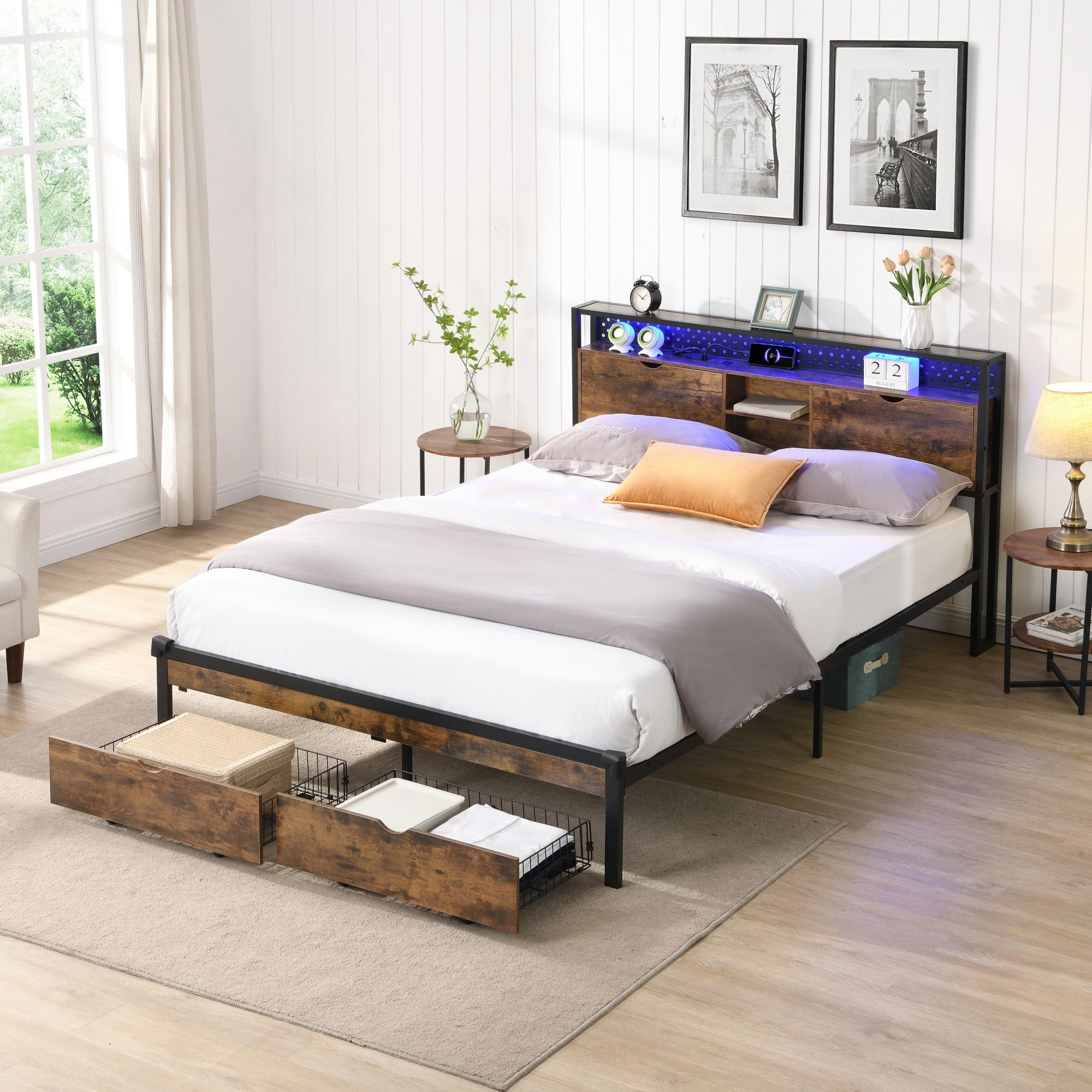 King Size Solid and Stable Metal Platform Bed Frame with Wooden Headboard and with Footboard USB,Charging Station, 2 Drawers,Storages, No Box Spring Needed, Easy Assemble (Black)