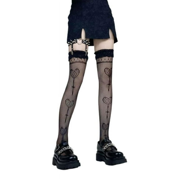 XISAOK Women Sexy Fishnet Thigh High Stockings Heart Lollipop Lace Lolita Stockings