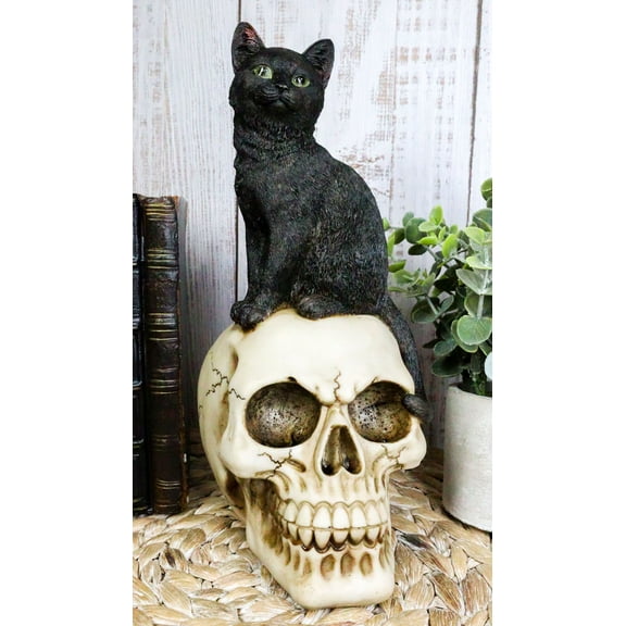 Witching Hour Black Feline Mystical Cat Sitting On Skull Wicca Macabre Figurine